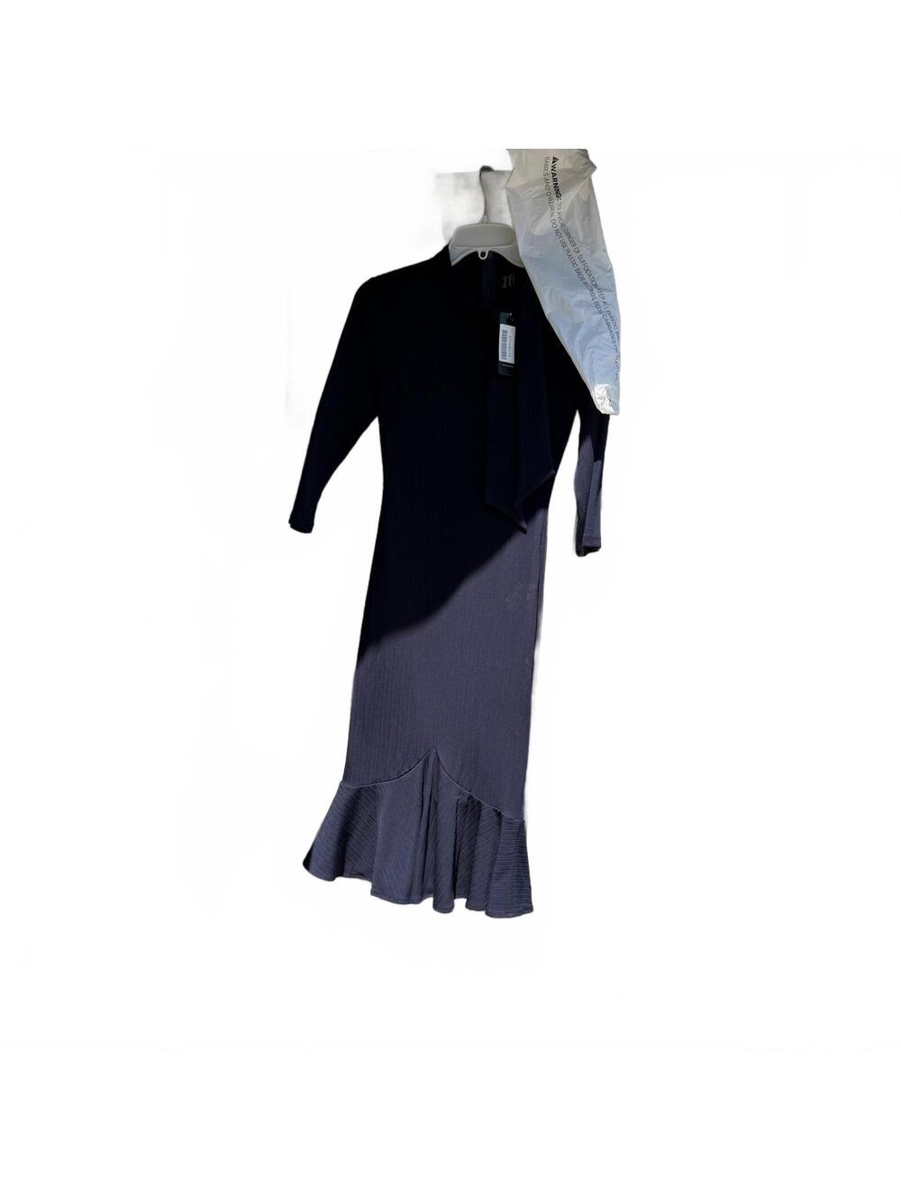 New Vfshow Vfemage Navy Blue Ribbed Knit Dress with Flared Hem & Tie Neck XS